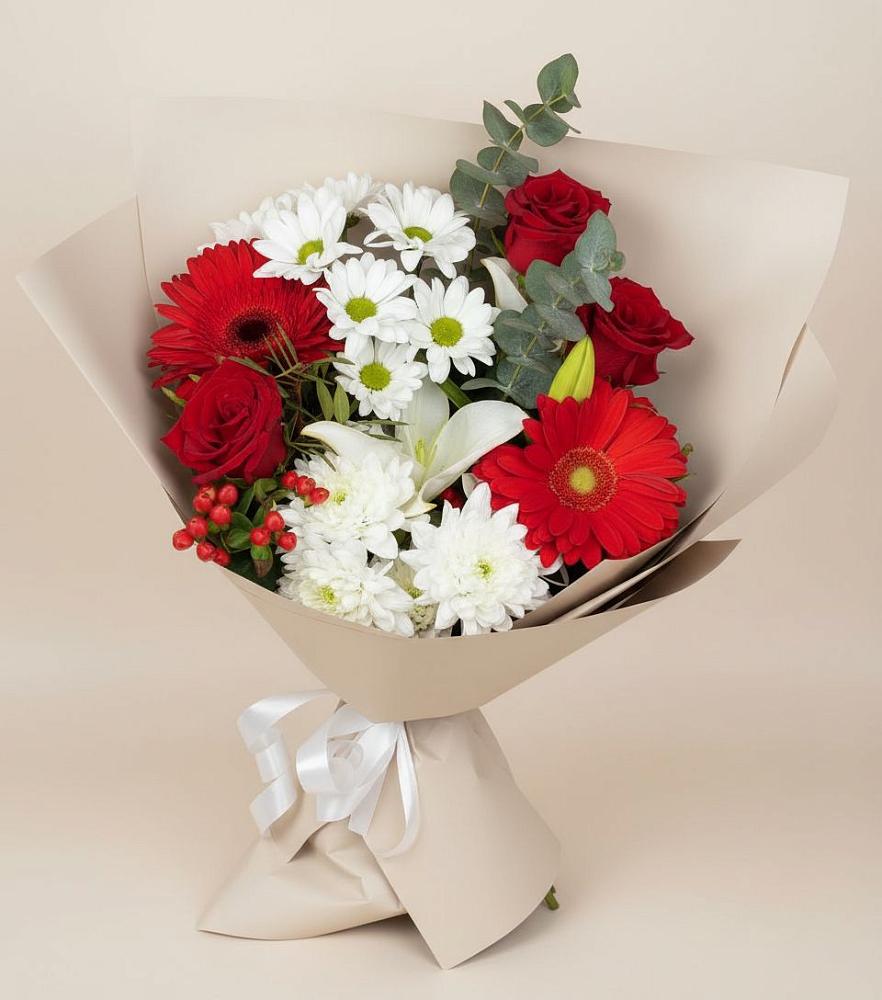 Букет цветов из: Розы, Хризантемы, Герберы и Лилии в Корпуса