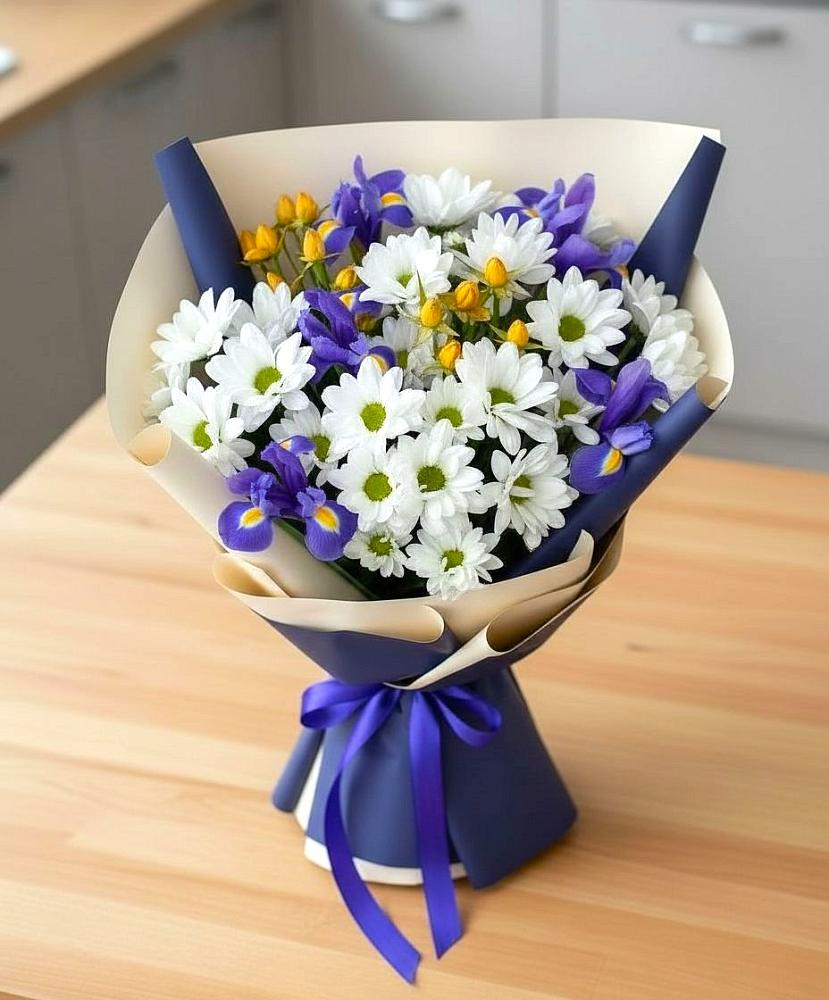 Букет цветов из: Розы, Ирисы и Хризантемы в Корпуса