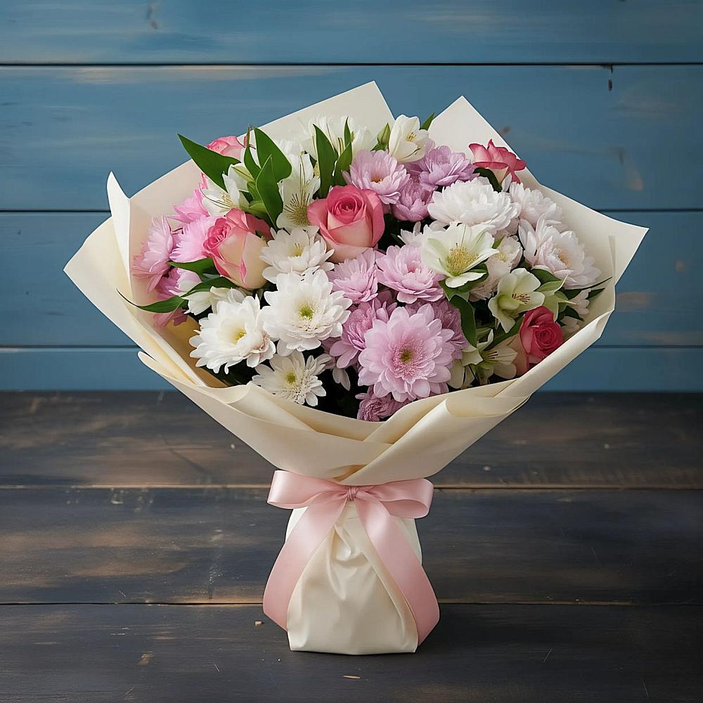 Букет цветов из: Хризантемы, Альстромерии и Розы в Корпуса